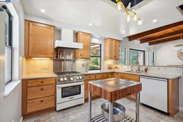Interior, Kitchen, Recessed Lighting, Stainless Steel Appliances, Wooden Beams