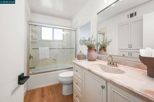 Bathroom, Glass Shower, Interior, Wood Texture Flooring
