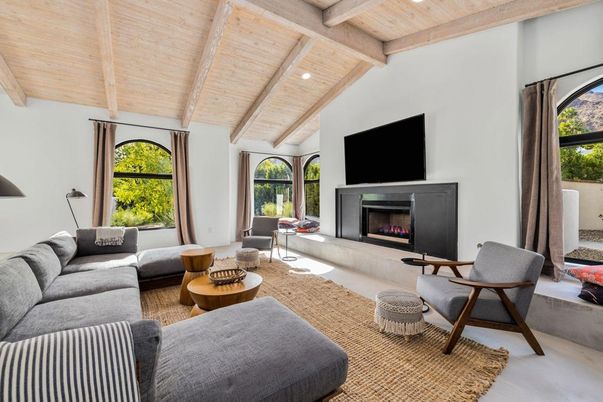 Fireplace, Interior, Living room, Recessed Lighting, Wooden Beams, Wooden Ceilings