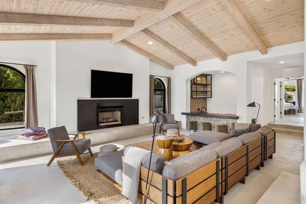 Fireplace, Interior, Living room, Recessed Lighting, Wooden Beams, Wooden Ceilings