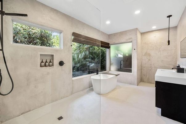 Bathroom, Free Standing Baths, Interior, Marble Walls, Recessed Lighting