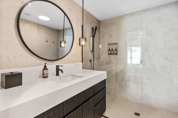 Bathroom, Dual Sink Vanities, Glass Shower, Interior, Recessed Lighting