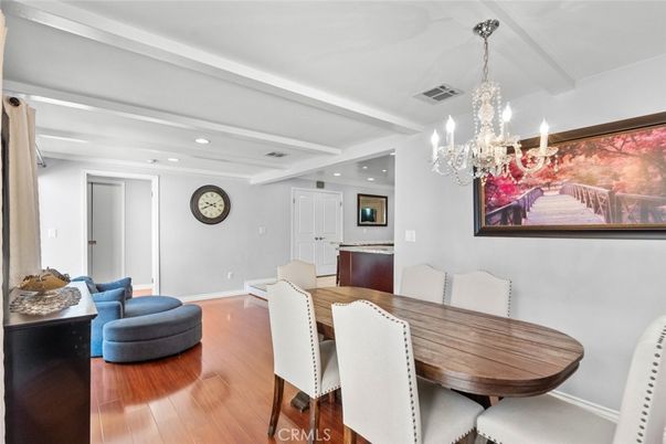 Chandelier, Dining room, Interior, Recessed Lighting, Wood Texture Flooring