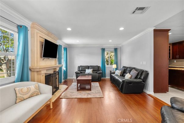 Fireplace, Interior, Living room, Recessed Lighting, Wood Texture Flooring