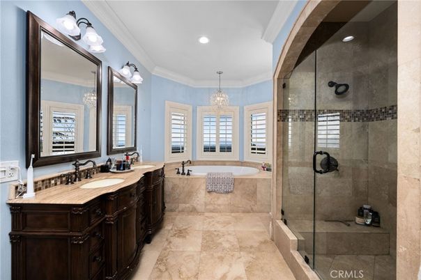 Bathroom, Chandelier, Dual Sink Vanities, Glass Shower, Interior, Recessed Lighting