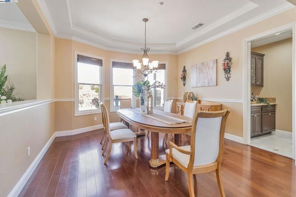 Chandelier, Dining room, Interior, Wood Texture Flooring