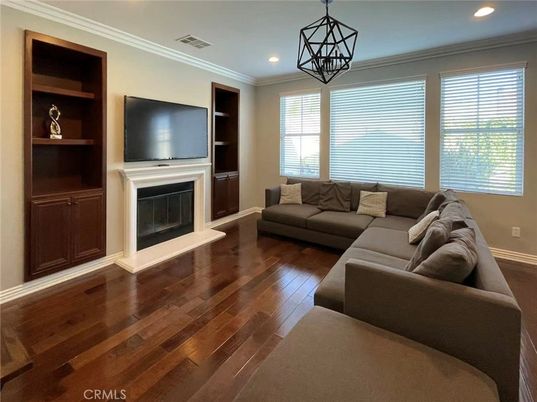 Fireplace, Interior, Living room, Pendant Lights, Recessed Lighting, Wood Texture Flooring