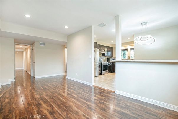 Empty room, Interior, Kitchen, Pendant Lights, Recessed Lighting, Wood Texture Flooring
