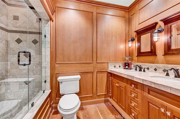 Bathroom, Glass Shower, Interior, Tile Countertops, Wood Texture Flooring