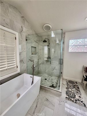 Bathroom, Free Standing Baths, Glass Shower, Interior, Marble, Marble Walls, Recessed Lighting