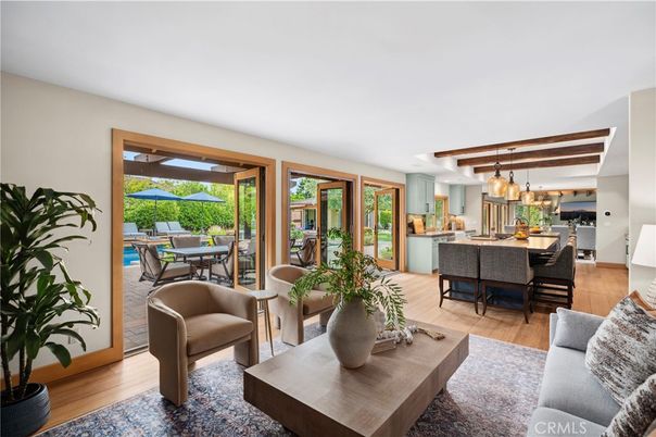 Dining room, Interior, Kitchen, Living room, Pendant Lights, Stainless Steel Appliances, Wooden Beams, Wood Texture Flooring