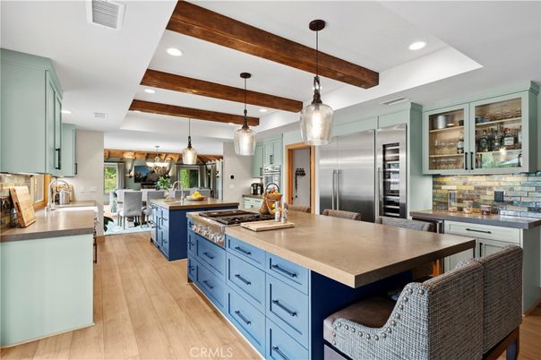 Interior, Kitchen, Pendant Lights, Recessed Lighting, Stainless Steel Appliances, Wooden Beams, Wood Texture Flooring