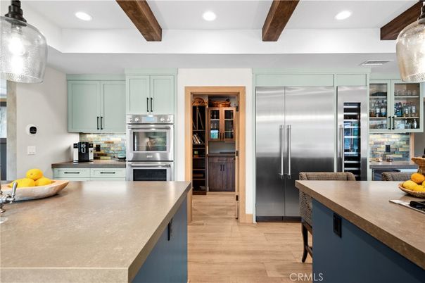 Interior, Kitchen, Recessed Lighting, Stainless Steel Appliances, Wooden Beams, Wood Texture Flooring