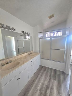 Bathroom, Dual Sink Vanities, Glass Shower, Interior, Wood Texture Flooring