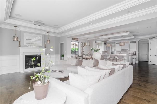 Dining room, Fireplace, Interior, Kitchen, Living room, Pendant Lights, Recessed Lighting, Wood Texture Flooring