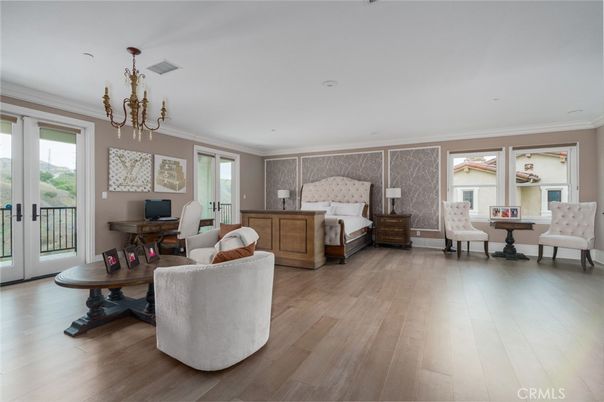 Bedroom, Chandelier, Interior, Recessed Lighting, Wood Texture Flooring