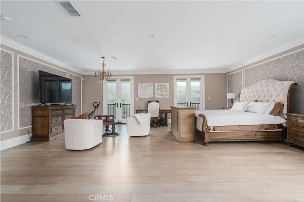 Bedroom, Chandelier, Interior, Recessed Lighting, Wood Texture Flooring
