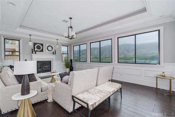 Fireplace, Interior, Living room, Pendant Lights, Wood Texture Flooring
