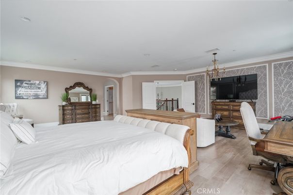 Bedroom, Chandelier, Interior, Recessed Lighting, Wood Texture Flooring