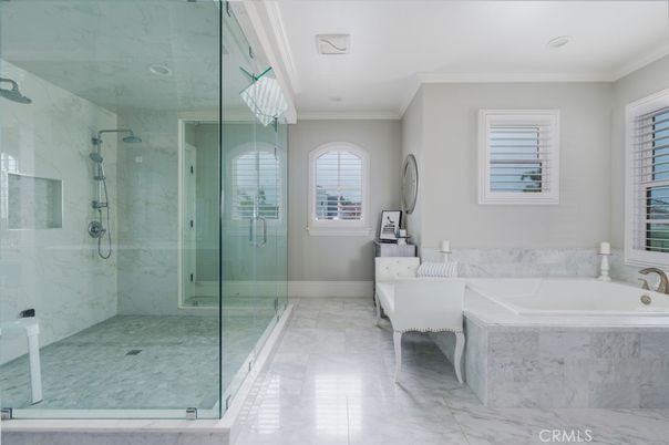 Bathroom, Glass Shower, Interior, Marble, Marble Walls, Recessed Lighting