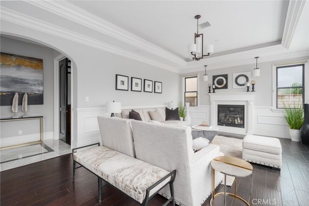 Fireplace, Interior, Living room, Pendant Lights, Wood Texture Flooring