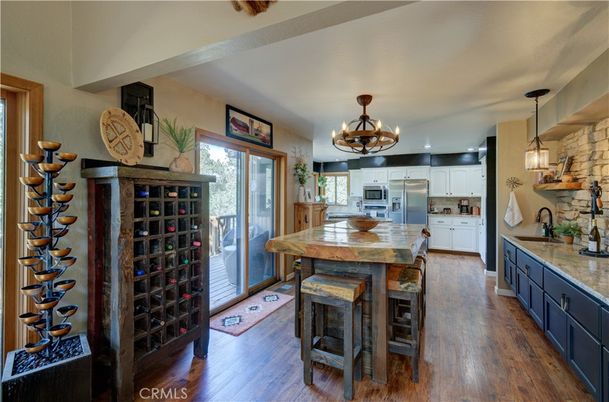 Chandelier, Interior, Kitchen, Pendant Lights, Stainless Steel Appliances, Wood Texture Flooring
