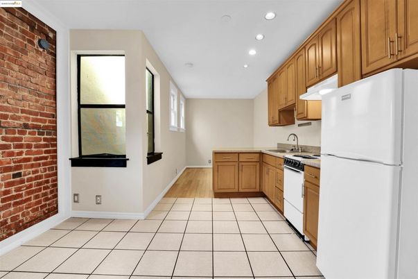 Interior, Kitchen, Recessed Lighting, Stone Walls, Wood Texture Flooring