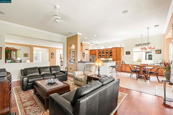 Chandelier, Dining room, Interior, Kitchen, Living room, Pendant Lights, Recessed Lighting, Wood Texture Flooring