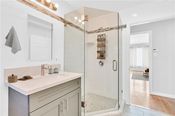 Bathroom, Glass Shower, Interior, Wood Texture Flooring