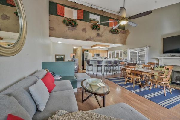 Dining room, Fireplace, Interior, Kitchen, Living room, Recessed Lighting, Wood Texture Flooring