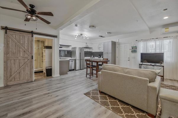 Interior, Kitchen, Living room, Recessed Lighting, Wood Texture Flooring