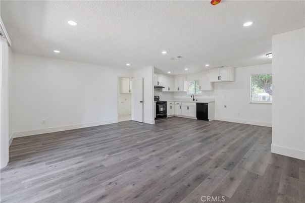 Empty room, Interior, Kitchen, Recessed Lighting, Wood Texture Flooring