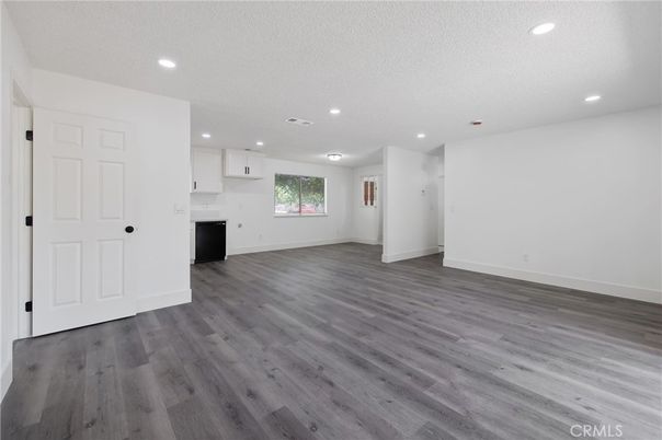 Empty room, Interior, Kitchen, Recessed Lighting, Wood Texture Flooring