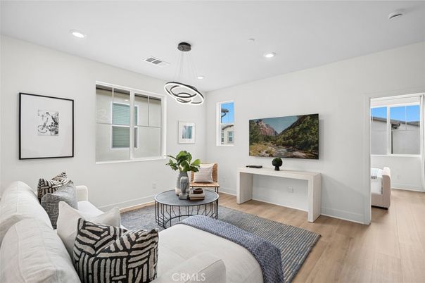 Interior, Living room, Pendant Lights, Recessed Lighting, Wood Texture Flooring