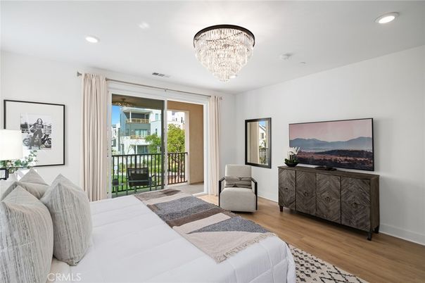 Bedroom, Chandelier, Interior, Recessed Lighting, Wood Texture Flooring