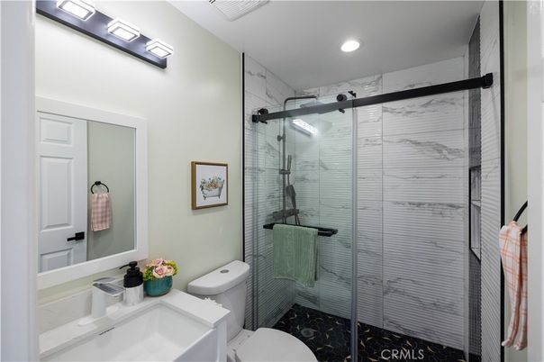 Bathroom, Glass Shower, Interior, Marble Walls, Recessed Lighting