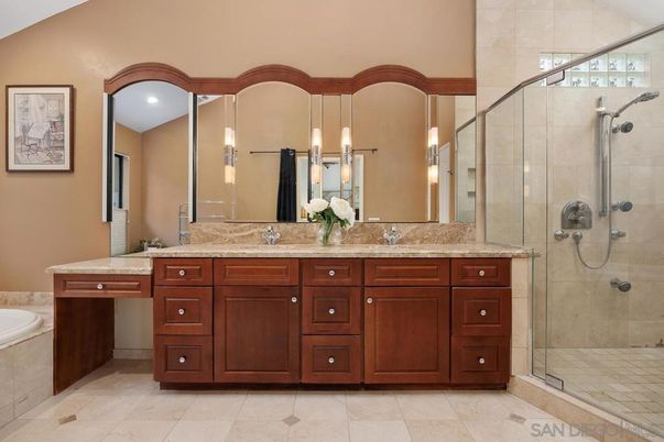 Bathroom, Dual Sink Vanities, Glass Shower, Interior, Pendant Lights, Recessed Lighting