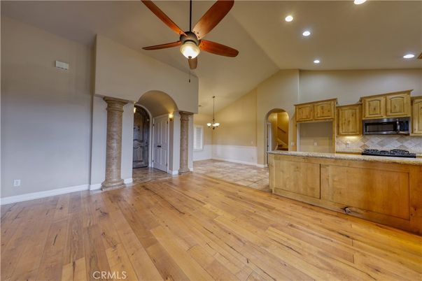 Empty room, Interior, Kitchen, Pendant Lights, Recessed Lighting, Wood Texture Flooring