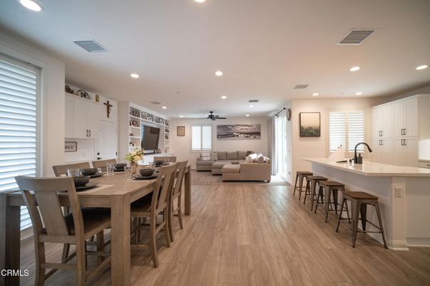 Dining room, Interior, Kitchen, Living room, Recessed Lighting, Wood Texture Flooring