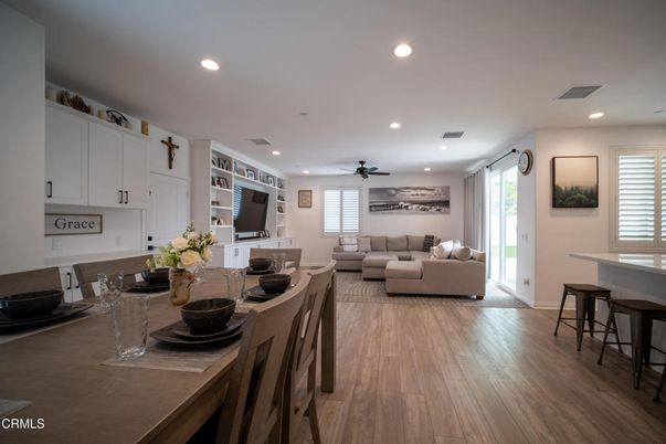 Dining room, Interior, Living room, Recessed Lighting, Wood Texture Flooring