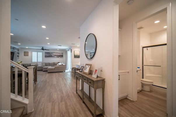 Bathroom, Glass Shower, Interior, Living room, Recessed Lighting, Wood Texture Flooring