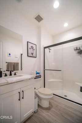 Bathroom, Glass Shower, Interior, Recessed Lighting, Wood Texture Flooring