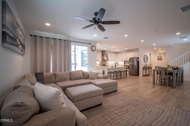 Dining room, Interior, Kitchen, Living room, Recessed Lighting, Stainless Steel Appliances, Wood Texture Flooring