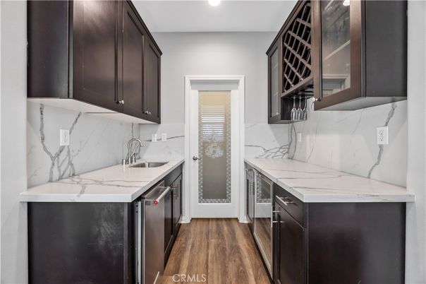 Interior, Kitchen, Marble Walls, Recessed Lighting, Wood Texture Flooring