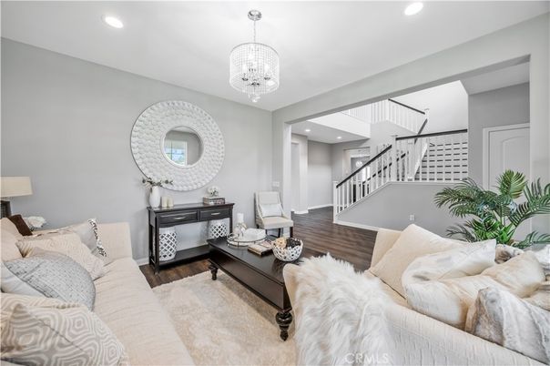 Chandelier, Interior, Living room, Recessed Lighting, Wood Texture Flooring
