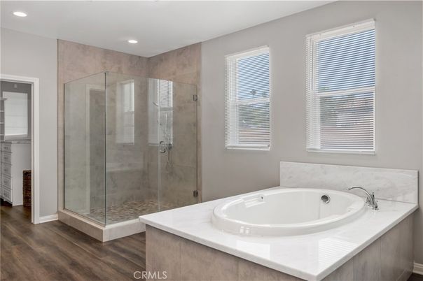 Bathroom, Glass Shower, Interior, Recessed Lighting, Wood Texture Flooring