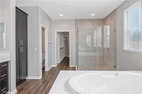 Bathroom, Glass Shower, Interior, Recessed Lighting, Wood Texture Flooring