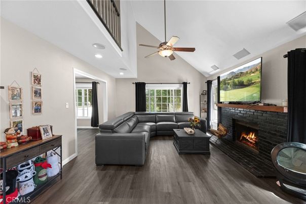 Fireplace, Interior, Living room, Recessed Lighting, Wood Texture Flooring