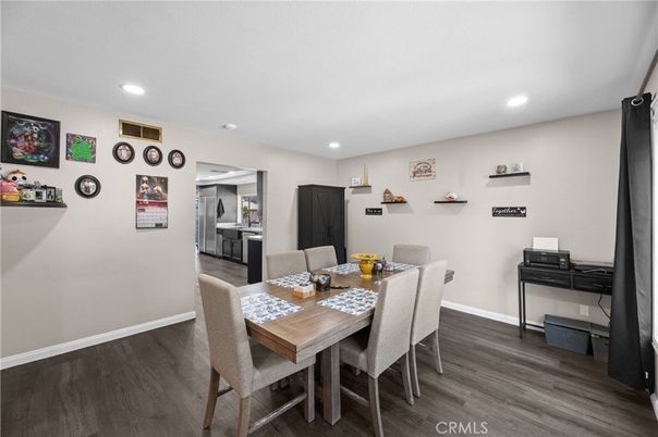 Dining room, Interior, Recessed Lighting, Wood Texture Flooring