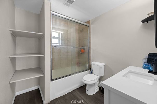 Bathroom, Glass Shower, Interior, Wood Texture Flooring
